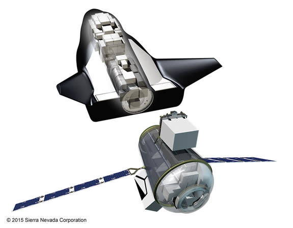 Diagram showing the robotic resupply variant of Sierra Nevada's Dream Chaser space plane, which incorporates a separate cargo module.