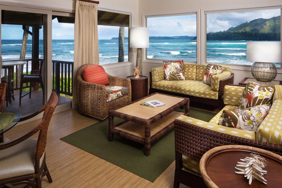 Oceanfront Premium Living room at Hanalei Colony Resort