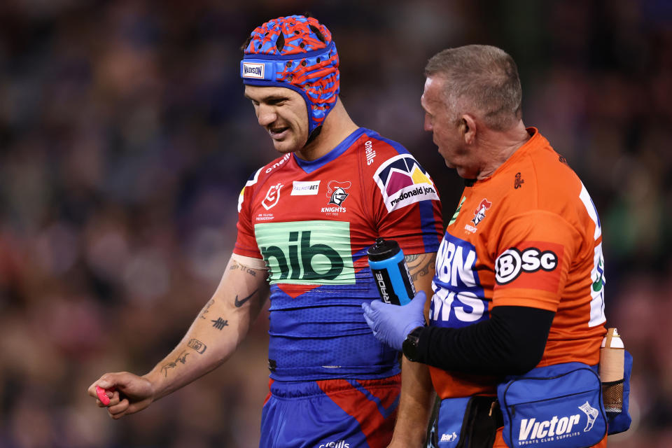 Kalyn Ponga, pictured here leaving the field after a head knock against the Sydney Roosters.