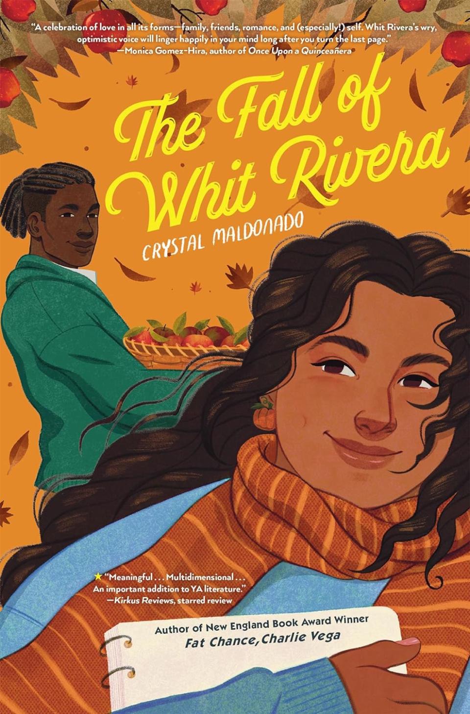 Cozy Fall Reads: The Fall of Whit Rivera by Crystal Maldonado book cover that shows a girl and a boy glancing at one another under fall foliage