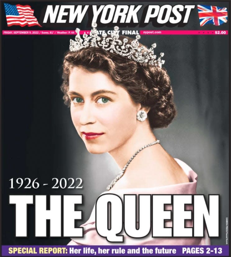 The New York Post's front page on September 9, 2022, marking the death of Queen Elizabeth II.