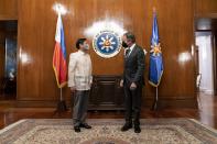 Secretary of State Antony Blinken, right, meets with Philippine President Ferdinand Marcos Jr. at the Malacanang Palace in Manila, Philippines, Saturday, Aug. 6, 2022. Blinken is on a ten day trip to Cambodia, Philippines, South Africa, Congo, and Rwanda. (AP Photo/Andrew Harnik, Pool)