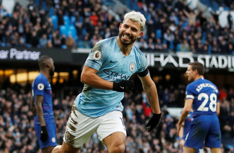 Manchester City’s Sergio Aguero celebrates scoring their third goal in their 6-0 in over Chelsea in the English Premier League. (PHOTO: Action Images via Reuters/Carl Recine)