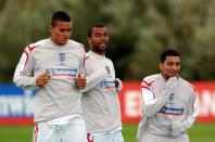 England's Ashley Cole (r) during the training session with Jermaine Jenas (l) and Aaron Lennon (r) (Photo by John Walton - PA Images via Getty Images)