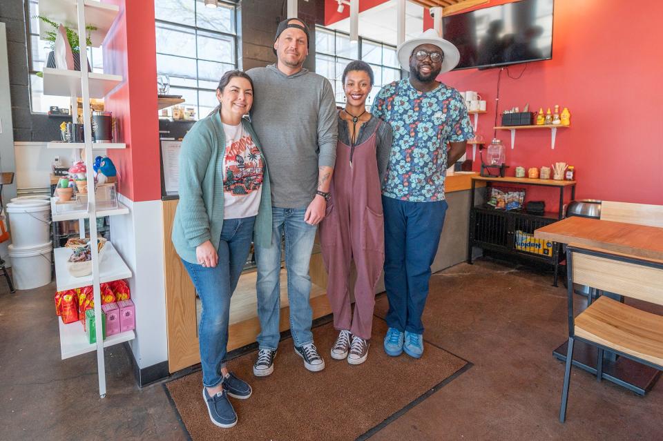 Blackbox Cafe owners Elizabeth Harmes, left, and Matt Russell stand with employees Kyle Kuhle, and Morgan Cox, right, at the cafe on Tuesday, April 16, 2024.