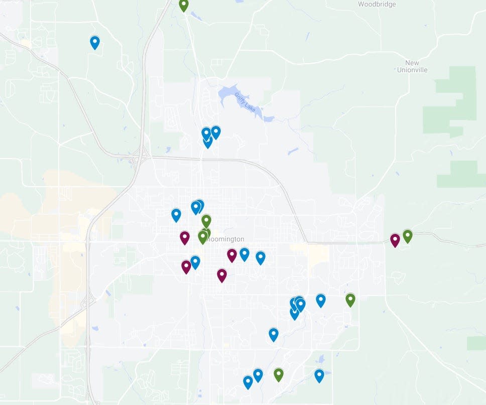 Where major local donors of candidates for mayor of Bloomington live. Blue shows donors of Kerry Thomson, green of Don Griffin and red of Susan Sandberg.