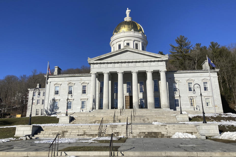 FILE - The Vermont State House stands on Feb. 14, 2023, in Montpelier, Vt. Vermont on Tuesday, May 2, became the first state in the country to change its medically assisted suicide law to allow terminally ill people from out of state to take advantage of it to end their lives. Republican Gov. Phil Scott signed the bill that removes the residency requirement for the decades-old law. (AP Photo/Lisa Rathke, File)