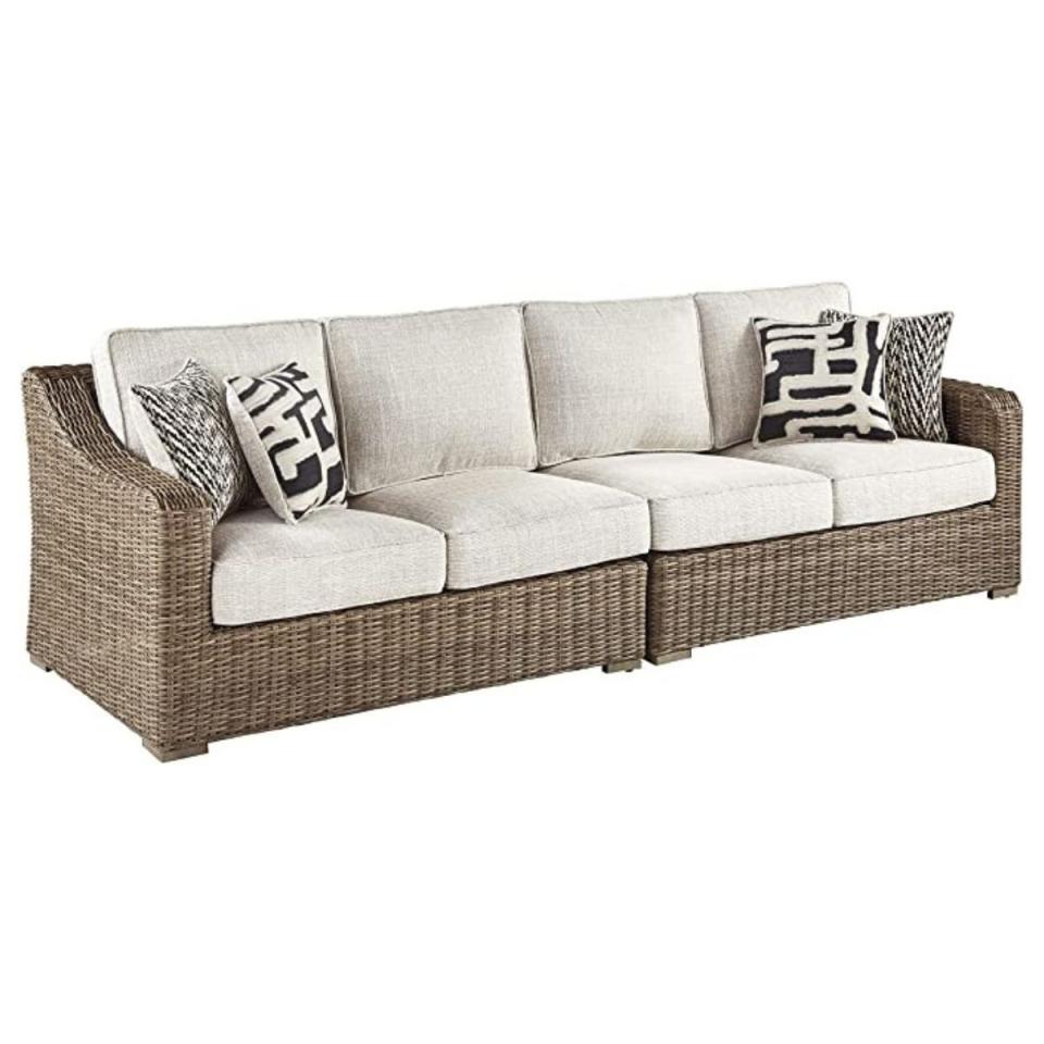 Signature Design by Ashley Beachcroft Outdoor Left & Right Arm Facing Wicker Patio Loveseats, Brown & Beige