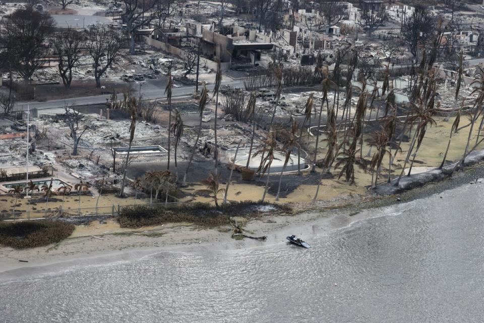 因夏威夷毛伊島的野火迅速蔓延，造成的死亡人數持續上升，目前已確定至少有 53 人逝世。圖為野火過後的毛伊島。   圖：達志影像/路透社