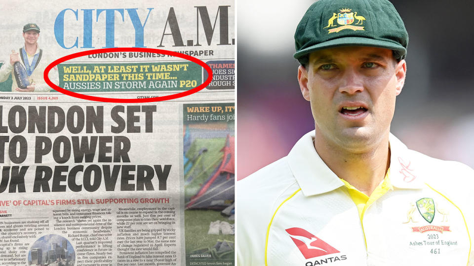 The left photo shows an English newspaper condemning the Aussies for the Alex Carey stumping of Jonny Bairstow. 