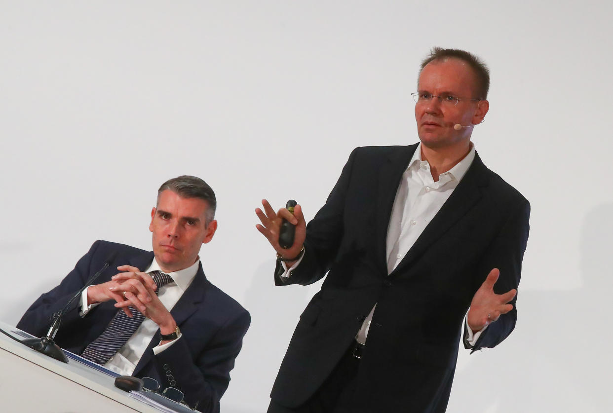 Markus Braun, CEO (R) and Alexander von Knoop, CFO of Wirecard AG, an independent provider of outsourcing and white label solutions for electronic payment transactions attend the company's annual news conference in Aschheim near Munich, Germany April 25, 2019. REUTERS/Michael Dalder