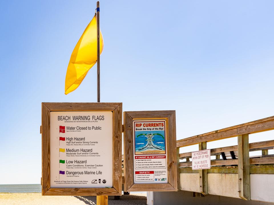 A yellow flag at the beach above signs explaining what each flag's color means for beach warnings.