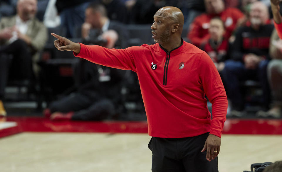 Portland Trail Blazers head coach Chauncey Billups gestures during the second half of an NBA basketball game against the Milwaukee Bucks in Portland, Ore., Monday, Feb. 6, 2023. (AP Photo/Craig Mitchelldyer)