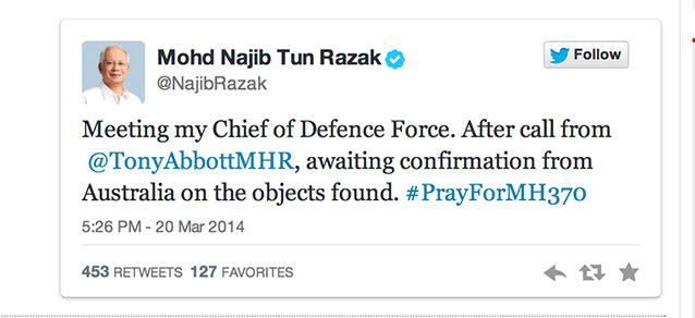 A tweet from Malaysia's prime minister Moh Najib Tun Razak. Photo: Twitter