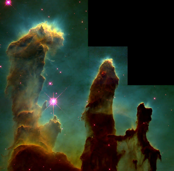 The Eagle Nebula, captured here by the Hubble Space Telescope, contains molecular hydrogen that can only be seen when it interacts with other molecules in space.