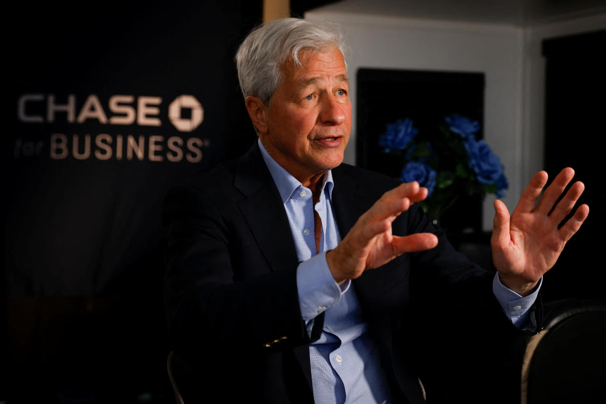 Jamie Dimon, Chairman of the Board and Chief Executive Officer of JPMorgan Chase & Co., gestures as he speaks during an interview with Reuters in Miami, Florida, U.S., February 8, 2023. REUTERS/Marco Bello