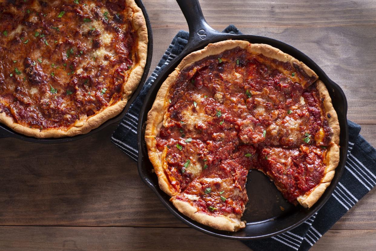 Deep Dish Chicago Style Pizza in a Cast Iron Skillets