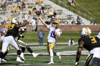 LSU quarterback Myles Brennan throws during the first half of an NCAA college football game against Missouri Saturday, Oct. 10, 2020, in Columbia, Mo. (AP Photo/L.G. Patterson)