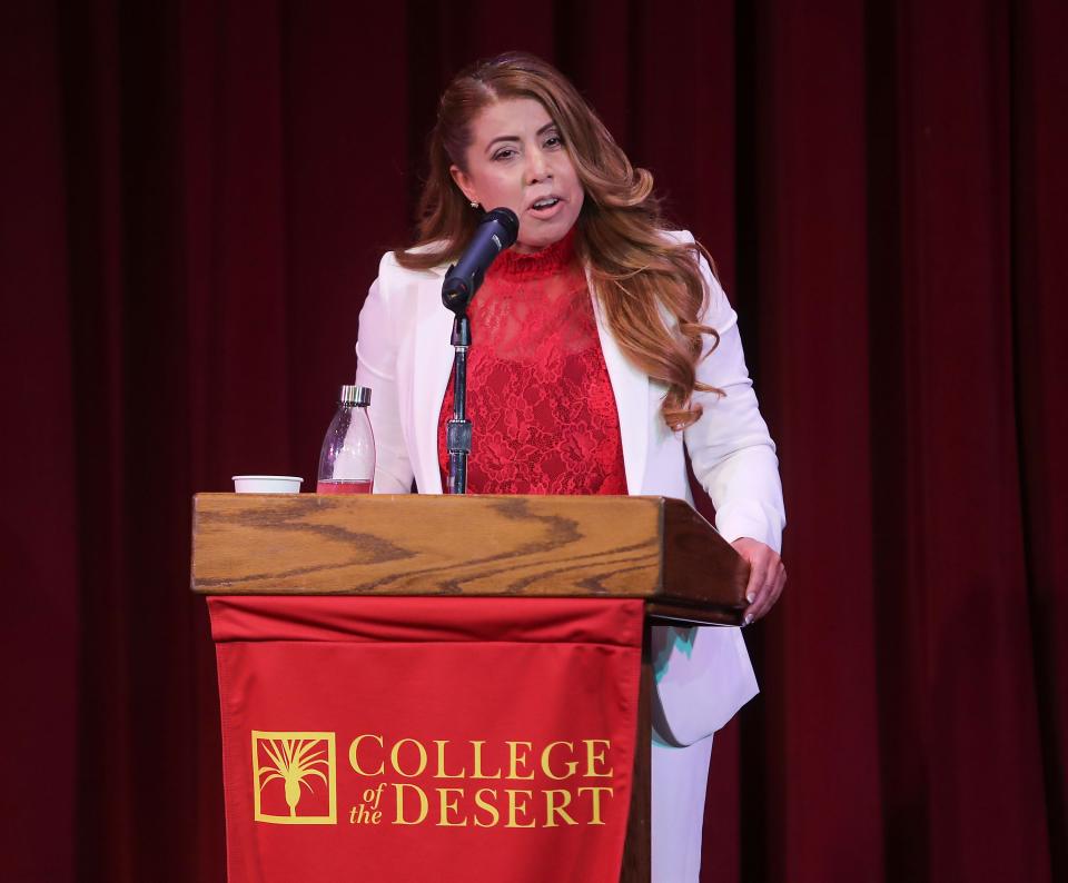 Martha Garcia participates in a public forum and interview for the COD president's job at the Pollock Theatre in Palm Desert, July 7, 2021.