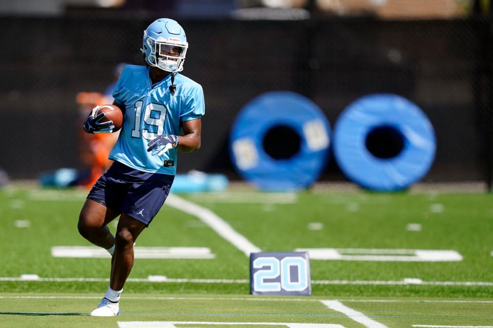 North Carolina running back Ty Chandler takes part in a drill during a preseason practice session in August.