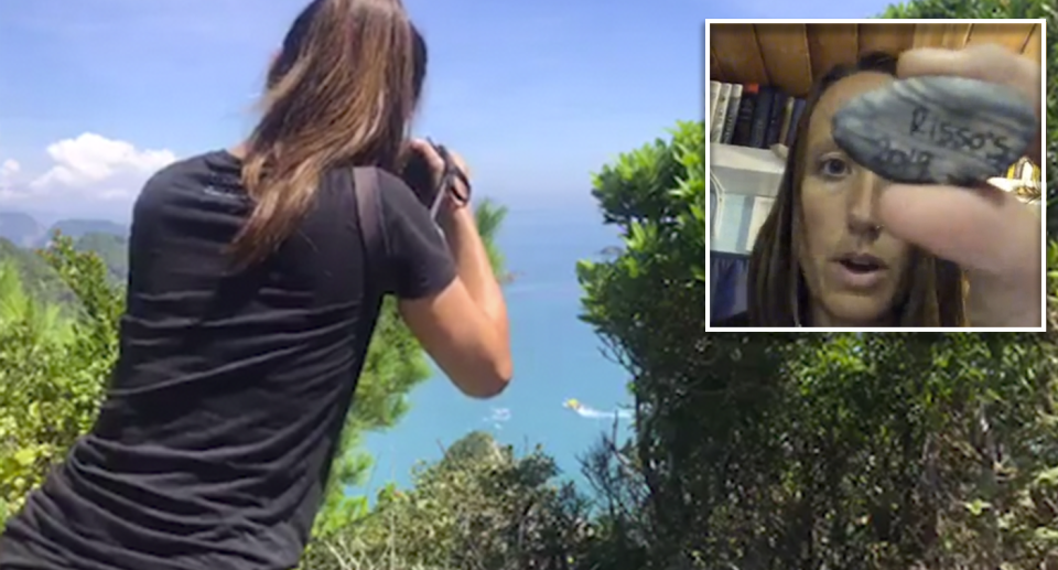 A woman photographs boats in the distance. An image in the corner shows a woman, Rachel Carbary, holding up a rock with Risso's 2019 written on it.