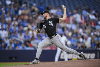 Chicago White Sox pitcher Garrett Crochet throws to a Toronto Blue Jays batter during the second inning of a baseball game Tuesday, May 21, 2024, in Toronto. (Christopher Katsarov/The Canadian Press via AP)