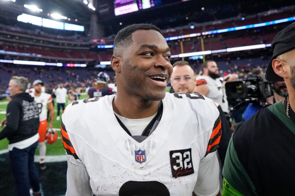 Cleveland Browns wide receiver Amari Cooper (2) smiles after an NFL football game against the Houston Texans, Sunday, Dec. 24, 2023, in Houston. (AP Photo/David J. Phillip)