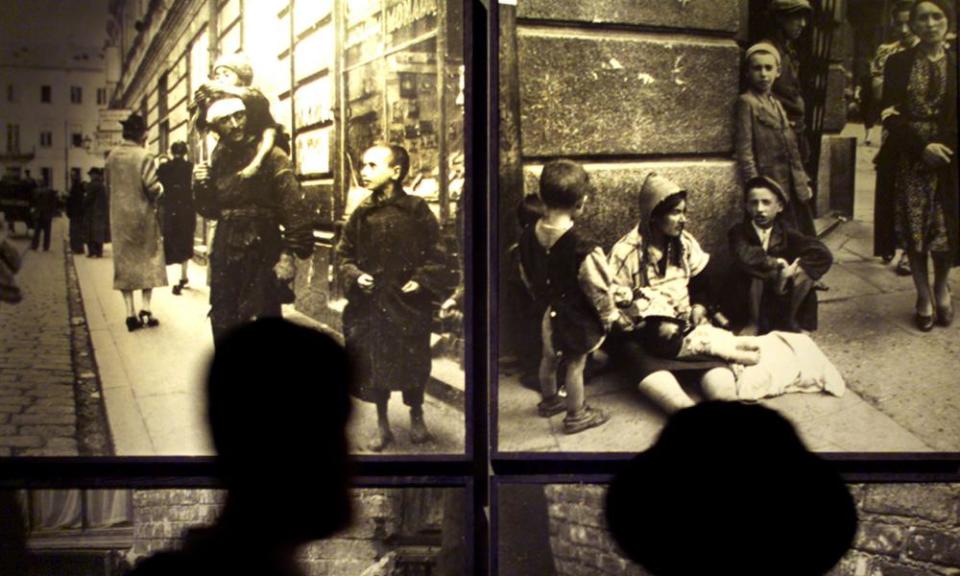 Photographs of Jews in the Warsaw ghetto in Nazi-occupied Poland in the Yad Vashem Holocaust Memorial museum, Jerusalem.