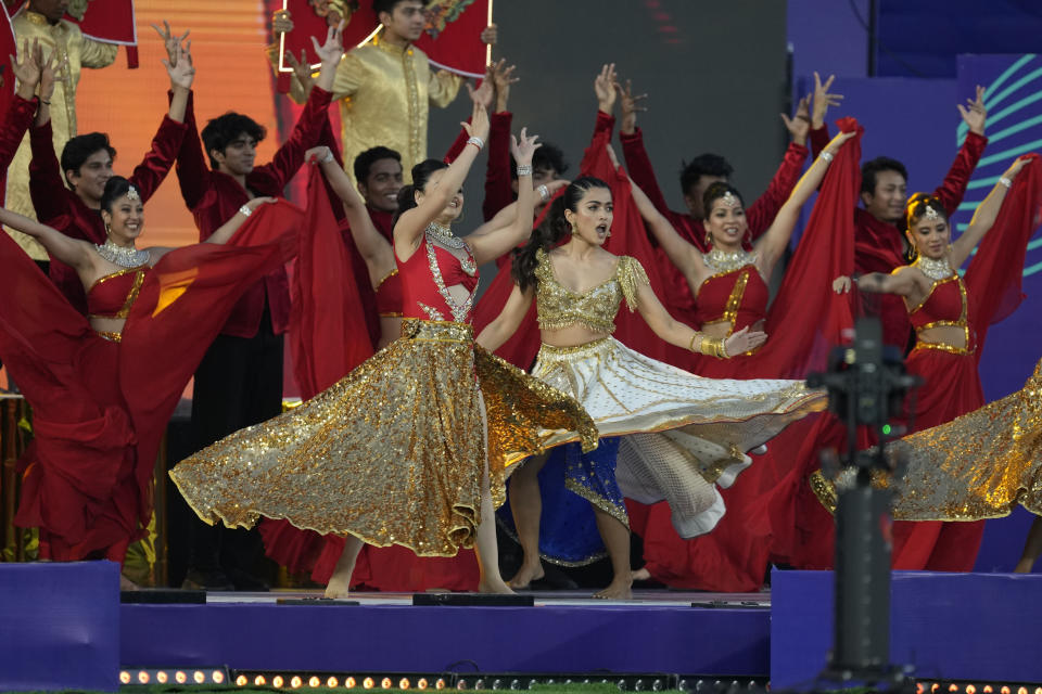 Bollywood actor Rashmika Mandhana performs during the inauguration of the Indian Premier League (IPL) 2023 in Ahmedabad, India, Friday, March 31, 2023. (AP Photo/Ajit Solanki)