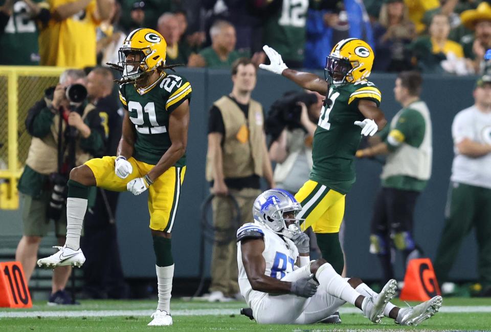Green Bay Packers cornerback Eric Stokes (21) and safety Henry Black (41) celebrate a stop after an incomplete pass by Detroit Lions tight end Darren Fells (80) during fourth quarter of the Green Bay Packers game against the Detroit Lions at Lambeau Field in Green Bay on Monday, Sept. 20, 2021.  -  Photo by Mike De Sisti / Milwaukee Journal Sentinel via USA TODAY NETWORK