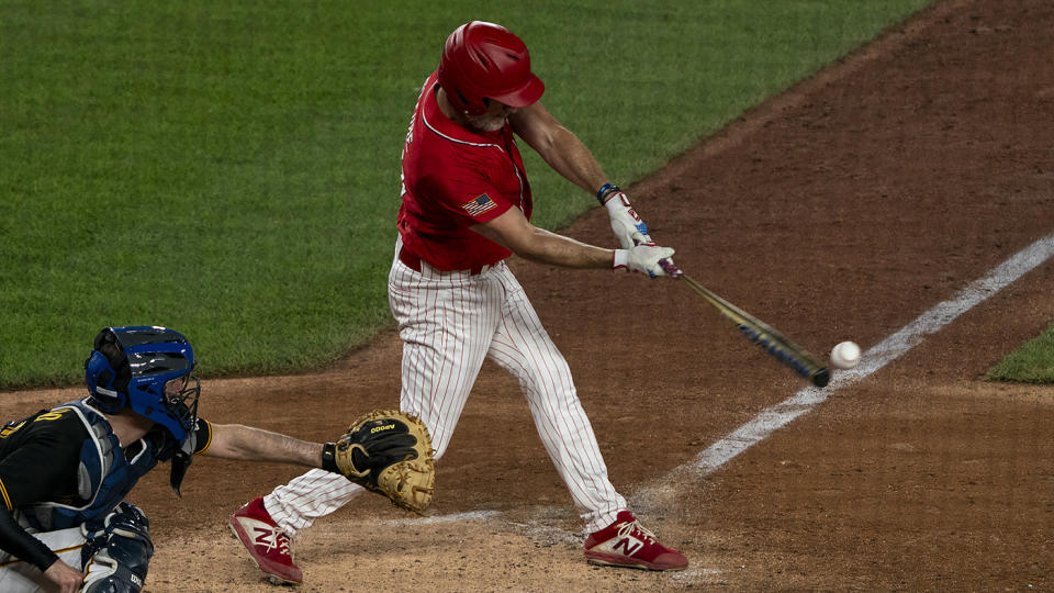 Rep. Greg Steube (R-Fla.) makes a hit during the annual Congressional Baseball game at Nationals Park in Washington, D.C., on Wednesday, June 12, 2024.