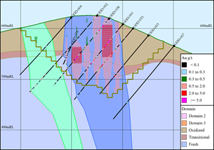 Representative section of Mineral Resource Estimate scaledand coloured by proportion above 0.3 g/t gold cut off grade