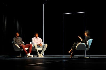 Greek basketball players, brothers Thanassis (L) and Giannis (2nd L) Antetokounmpo attend an event at the Onassis Cultural Centre in Athens, Greece, June 24, 2017. REUTERS/Michalis Karagiannis