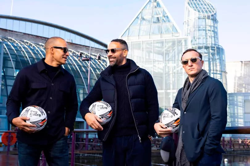 Rio Ferdinand, Bobby Zamora, and Mark Noble appear at Bluewater Shopping Centre, Kent to announce that construction is underway on the first Ballerz air dome, a new football-based entertainment experience, which will open in Spring 2024. Picture date: Friday December 8, 2023.