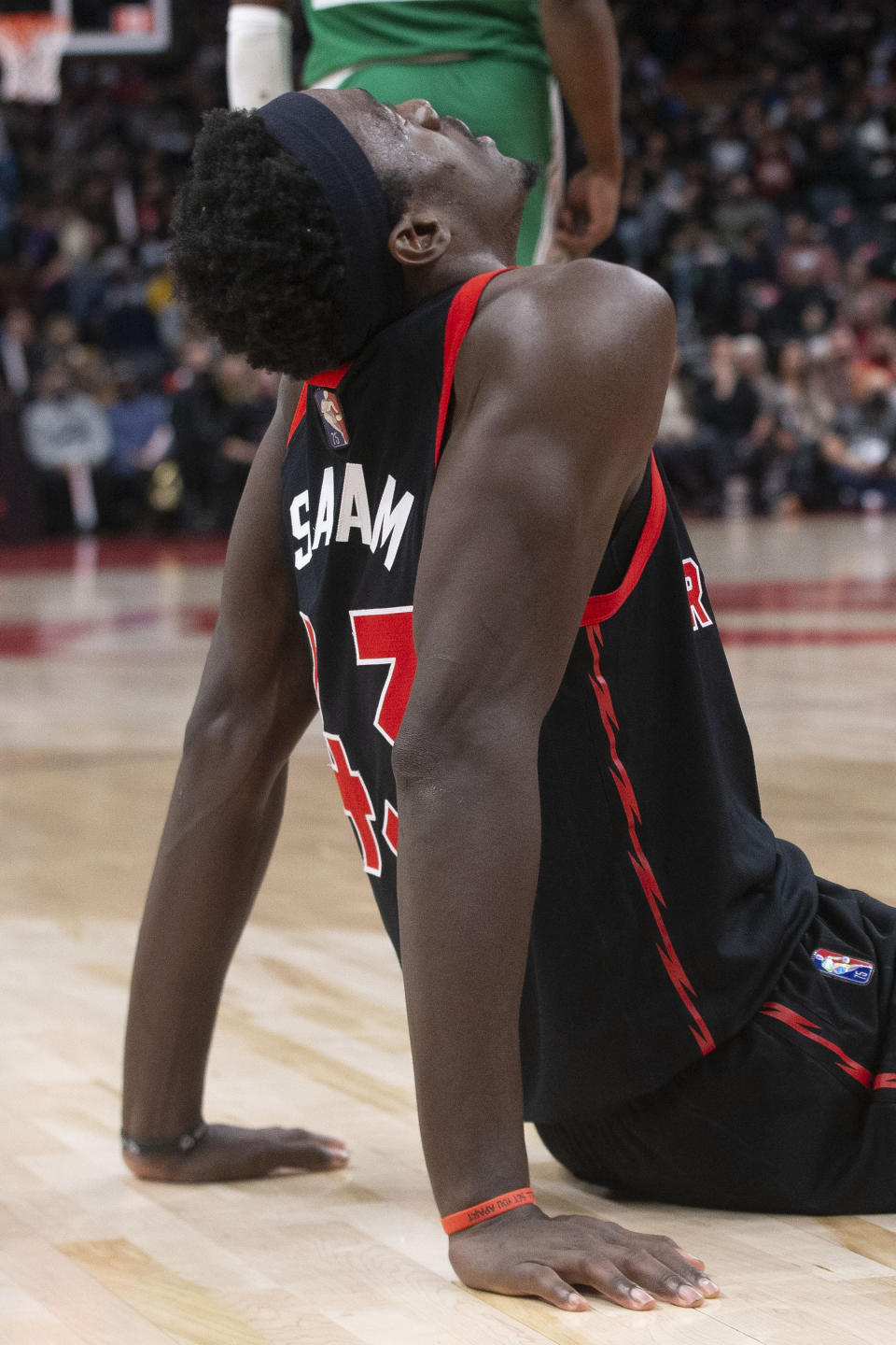 Toronto Raptors' Pascal Siakam reacts after a wayward pass surrendered possession to the Boston Celtics during the second half of an NBA basketball game Sunday, Nov. 28, 2021 in Toronto. (Chris Young/The Canadian Press via AP)