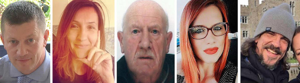 The victims of the Westminster Bridge terror attack (left to right) Pc Keith Palmer, Aysha Frade, Leslie Rhodes, Andreea Cristea and Kurt Cochran (Picture: PA)