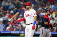 Philadelphia Phillies' Darick Hall, left, reacts after striking out against Washington Nationals pitcher Josiah Gray during the sixth inning of a baseball game, Wednesday, July 6, 2022, in Philadelphia. (AP Photo/Matt Slocum)