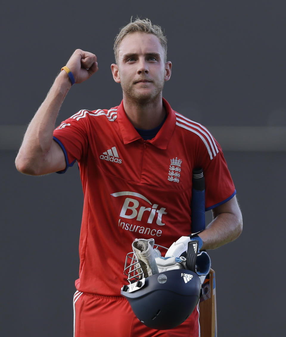 England's captain Stuart Broad celebrates after defeating West Indies by three wickets during their second one-day international cricket match at the Sir Vivian Richards Cricket Ground in St. John's, Antigua, Sunday, March 2, 2014. (AP Photo/Ricardo Mazalan)