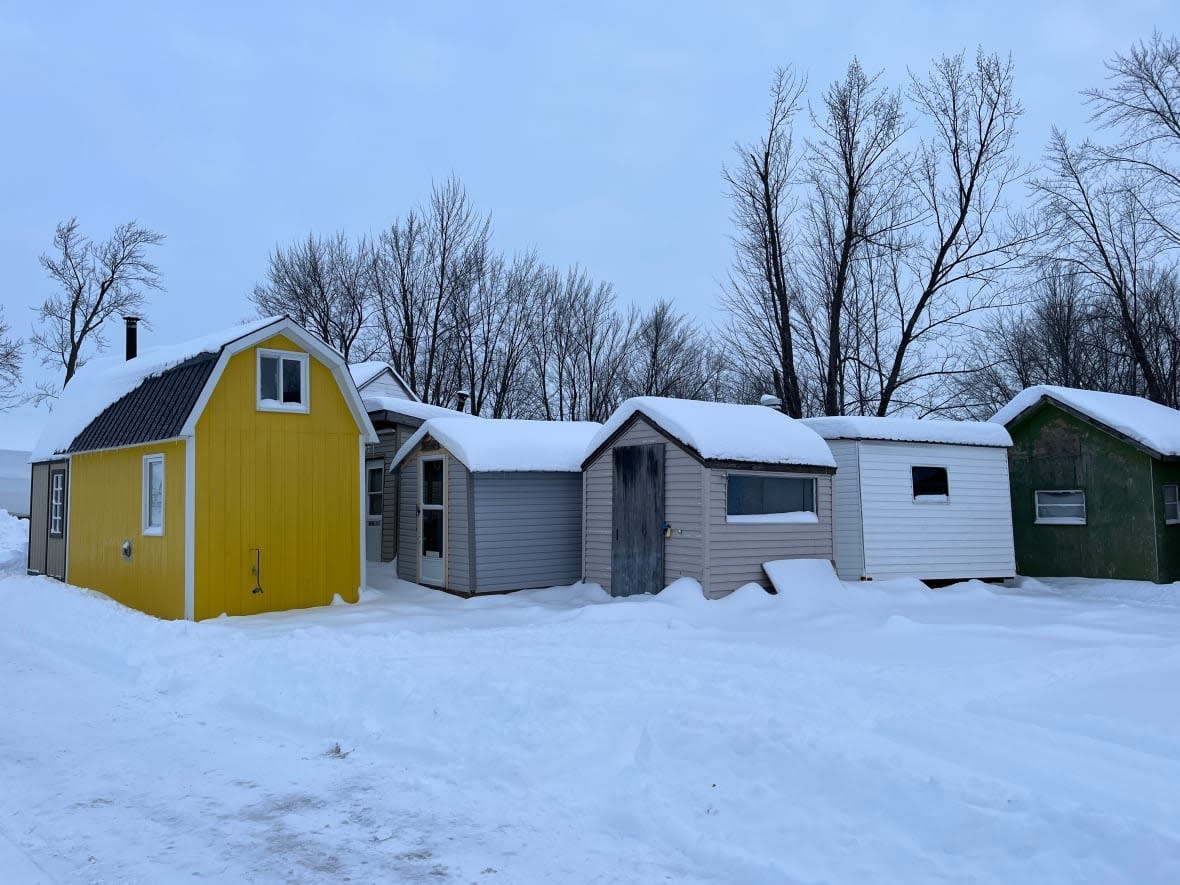 Just over a dozen ice fishing huts are on the ice at the Bay off Petrie Island, where over a 100 stood last winter. These ones here wait on the shore nearby for colder temperatures.  (Hallie Cotnam/CBC - image credit)