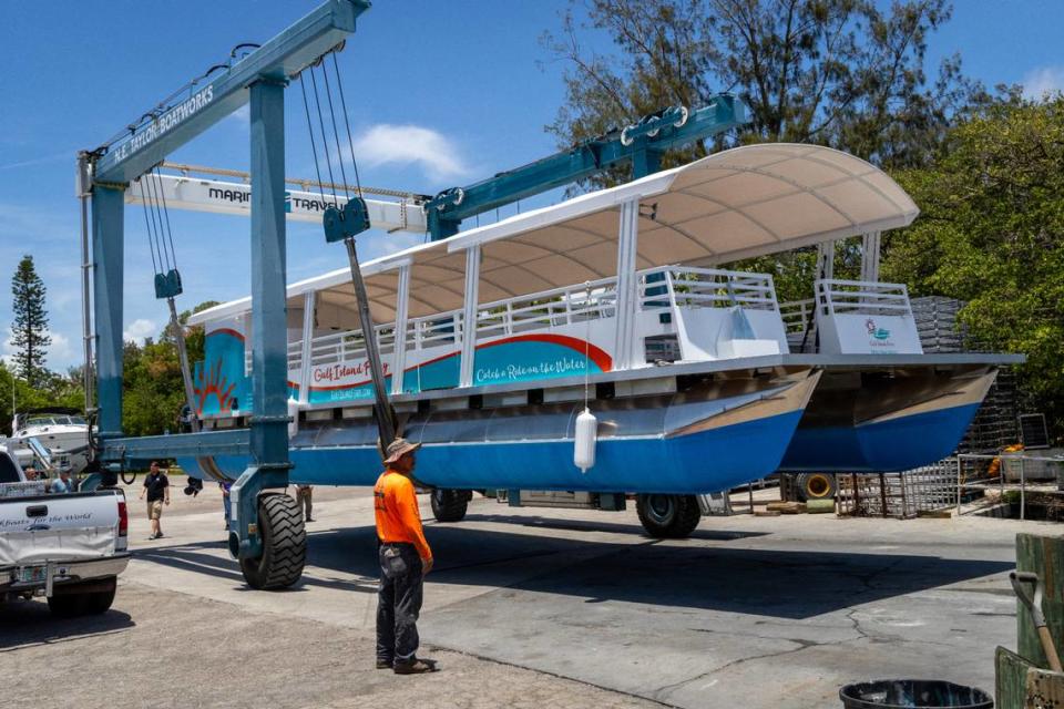 Two 50-foot catamarans have arrived for the long-awaited water taxi service to beaches in Manatee County Florida Gulf Coast.