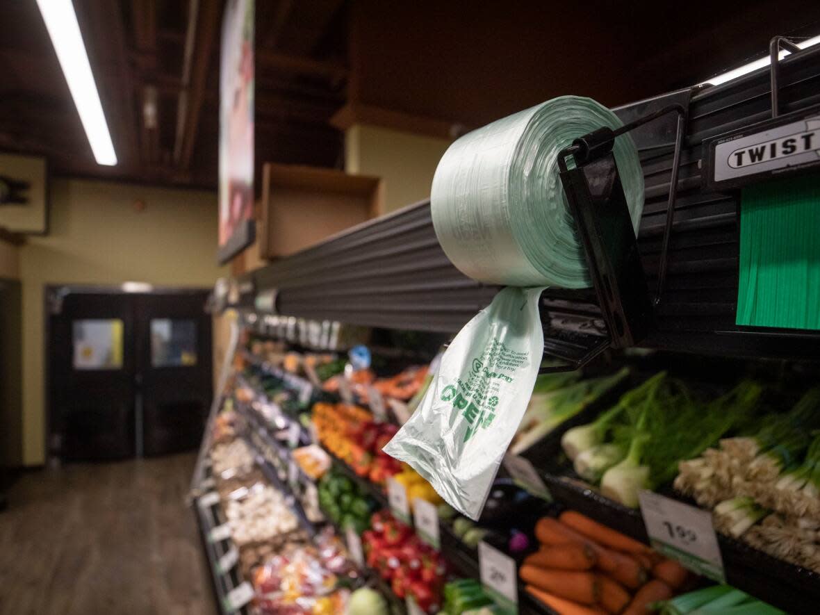 A plastic produce bag is pictured at a grocery store in Vancouver, British Columbia on Friday, March 10, 2023.  (Ben Nelms/CBC - image credit)