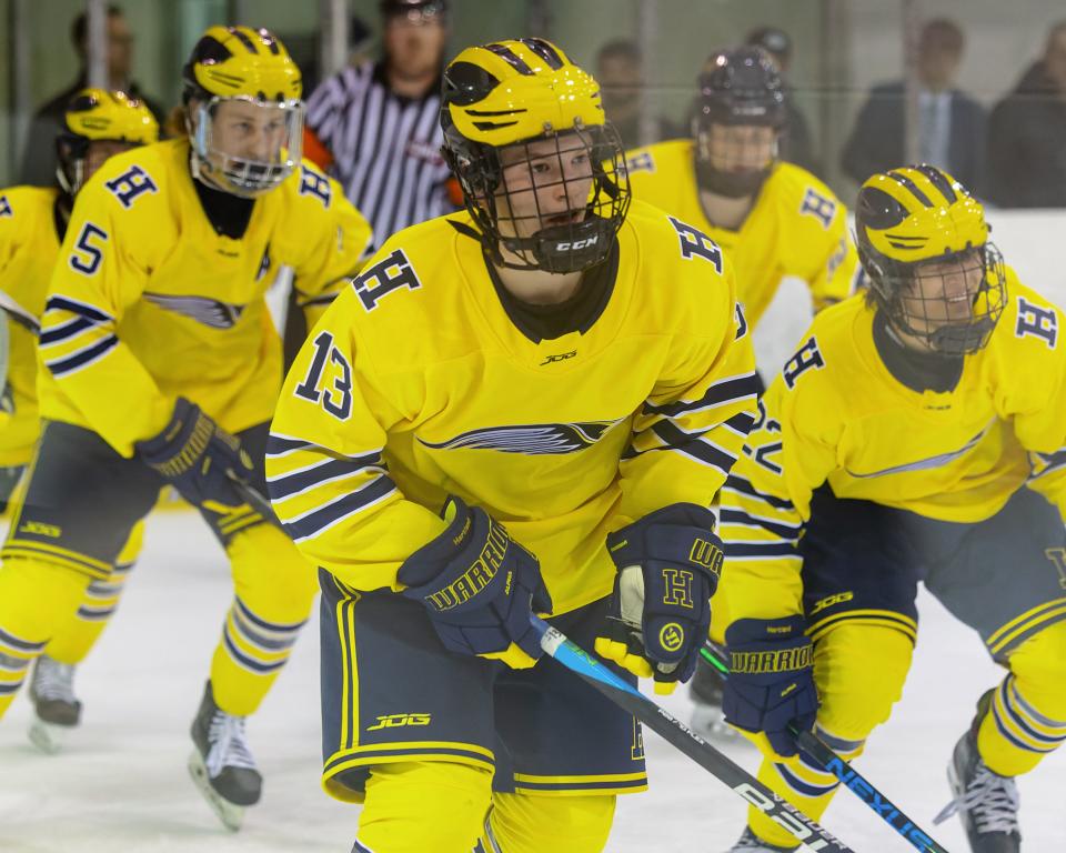 Nick Halonen leads Hartland's celebration line after scoring the final goal in a 5-2 victory over Birmingham Brother Rice Saturday, Dec. 10, 2022 at Eddie Edgar Ice Arena.