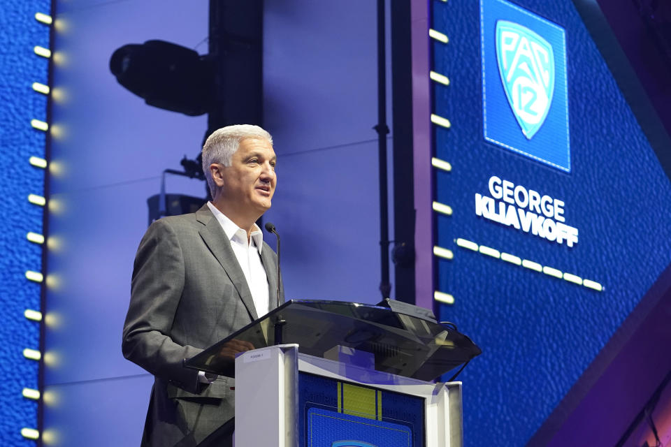 Pac-12 commissioner George Kliavkoff speaks at the NCAA college football Pac-12 media day Friday, July 21, 2023, in Las Vegas. (AP Photo/Lucas Peltier)