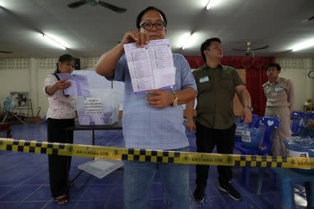 An electoral staff members show ballots during vote counting at the general election in Mae Hong Son, Thailand, March 24, 2019. REUTERS/Ann Wang