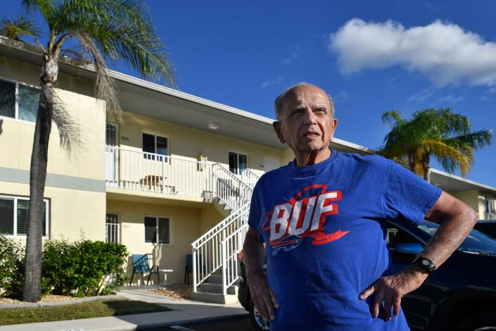 Ralph Mauro stands in front of a condo he rents in Lake Suzy, in DeSoto County, Florida, Mauro pre-paid for a condo in Sarasota on Feb. 2020 for use Jan 2021 to April. The 89-year-old could not get a vaccine before he could take possession of the condo and got no benefit from it because of the pandemic, he says. He paid well over $15,000 for the use of the property.