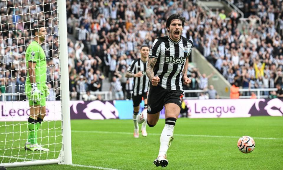 Sandro Tonali races away after opening the scoring for Newcastle