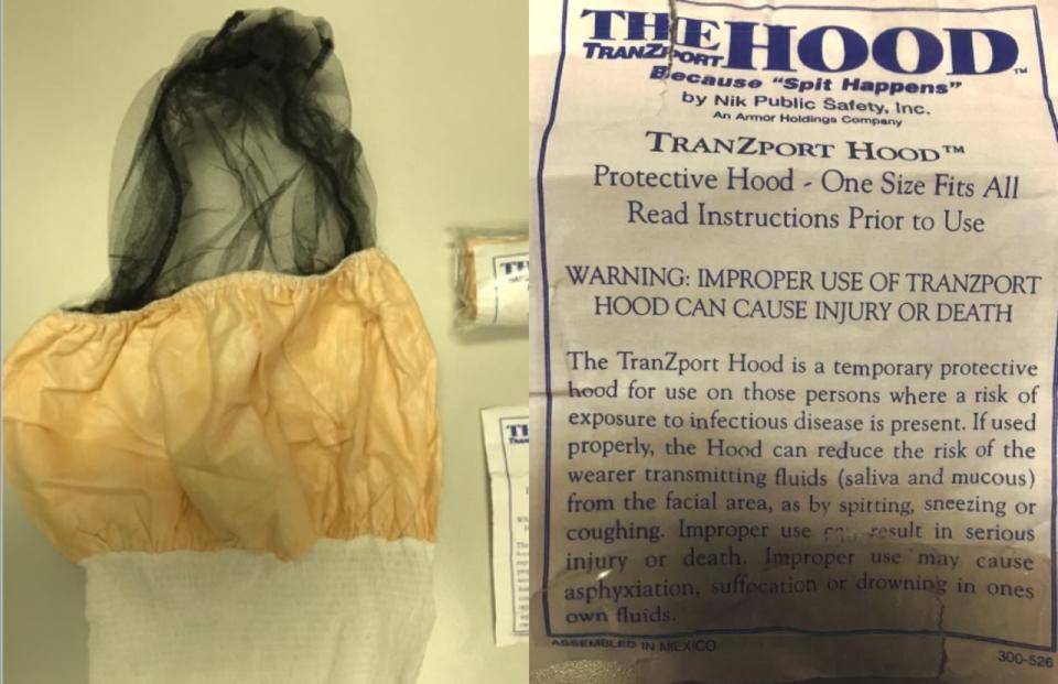 A label on the packaging of the particular spithood used on Soleiman Faqiri before his death states: "Warning: Improper use of TranZport Hood can cause injury or death," the label reads. "Improper use may cause asphyxiation, suffocation or drowning in one's own fluids."