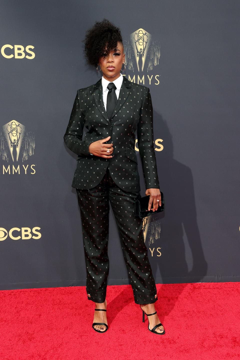 Samira Wiley wears a black, bedazzled suit on the Emmys red carpet.