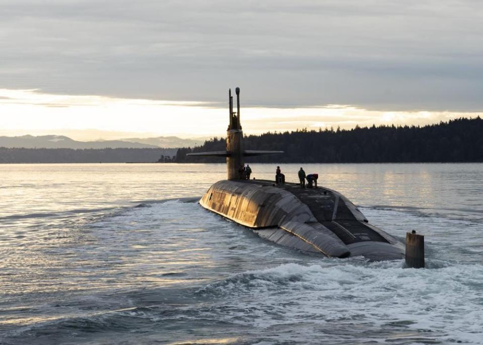 Ohio-class ballistic missile submarine USS Louisiana (SSBN 743) transits Puget Sound following a 41-month engineered refueling overhaul at the Puget Sound Naval Shipyard on Feb. 9.