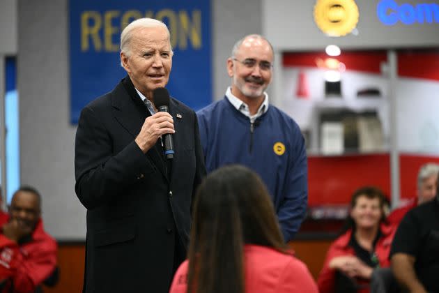 President Joe Biden speaks to members of the United Auto Workers in Warren, Michigan, on Feb. 1 shortly after getting the influential union's endorsement.